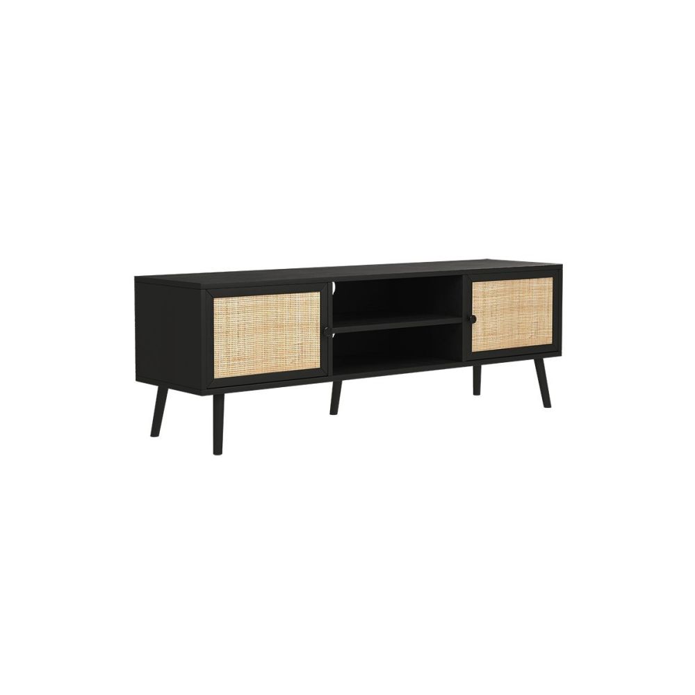 Mueble Mesa TV de Ratán en Color Negro-Natural 150x39x49 cm - 2 Puertas - Estilo y Durabilidad.