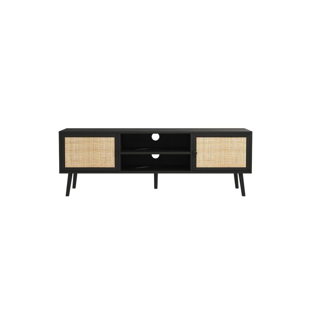 Mueble Mesa TV de Ratán en Color Negro-Natural 150x39x49 cm - 2 Puertas - Estilo y Durabilidad.