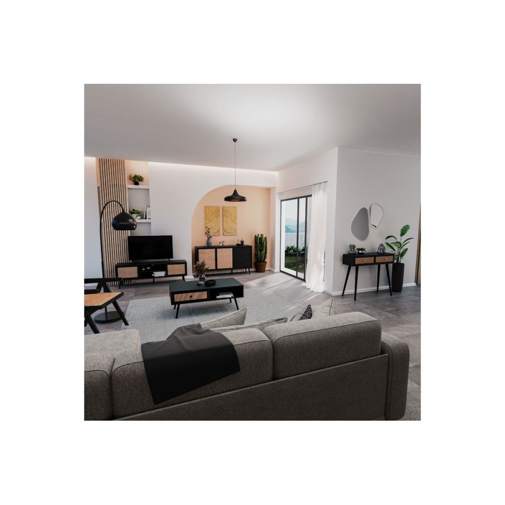Mueble Mesa TV de Ratán en Color Negro-Natural 150x39x49 cm - 2 Puertas - Estilo y Durabilidad.