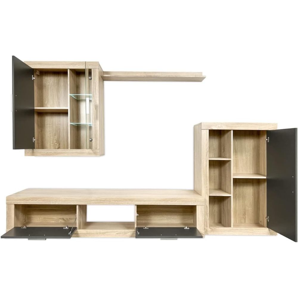 Mueble de salón y TV Moderno con Leds Color Cambria, cambria y grafito módulo de comedor