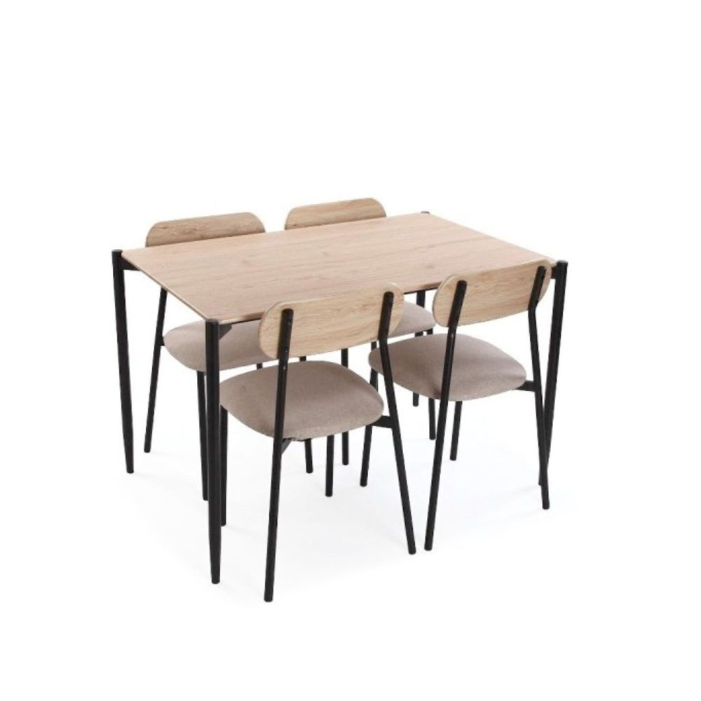 Conjunto de Mesa y 4 Sillas con Estructura Metálica Negra , Asiento en Tela Beige - Mesa 100x70x75 cm, Silla 40x44x80 cm