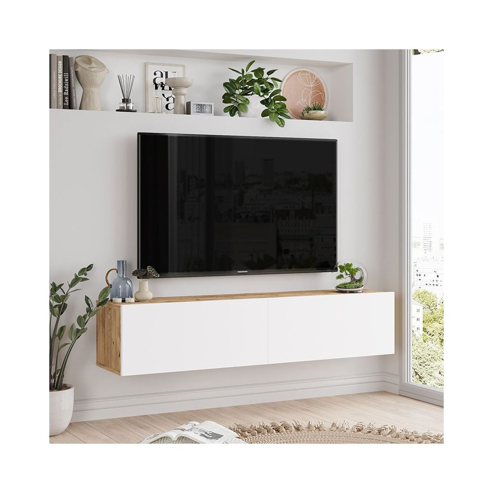 Mueble Mesa TV de Pared Color Blanco-Roble