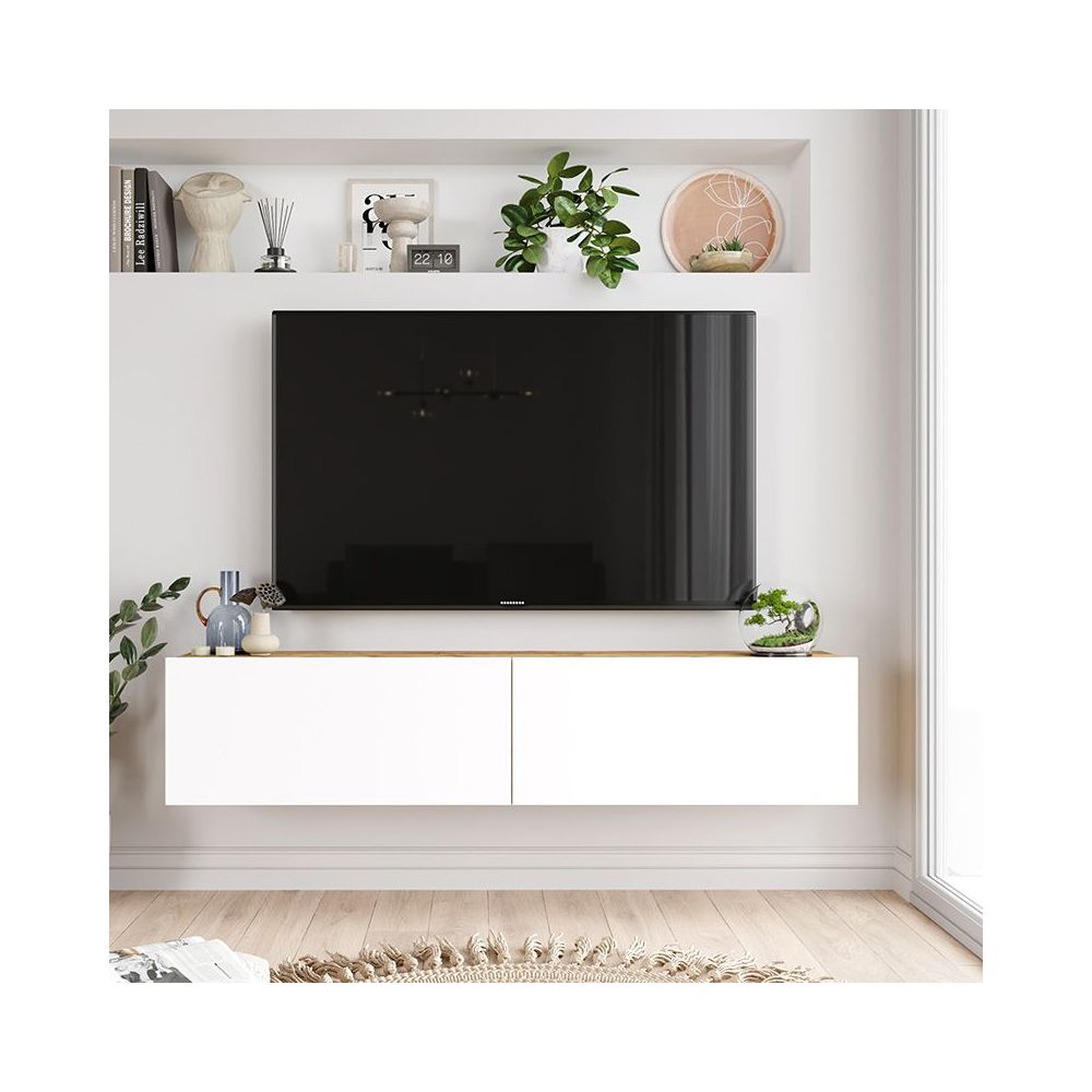 Mueble Mesa TV de Pared Color Blanco-Roble