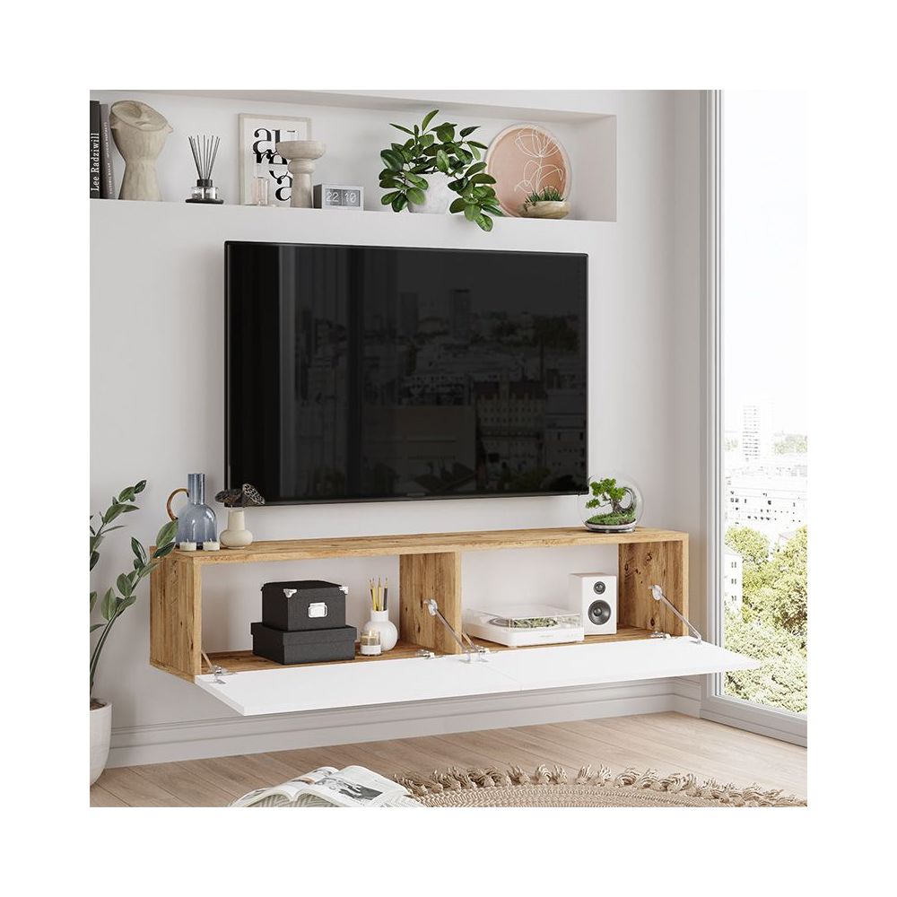 Mueble Mesa TV de Pared Color Blanco-Roble